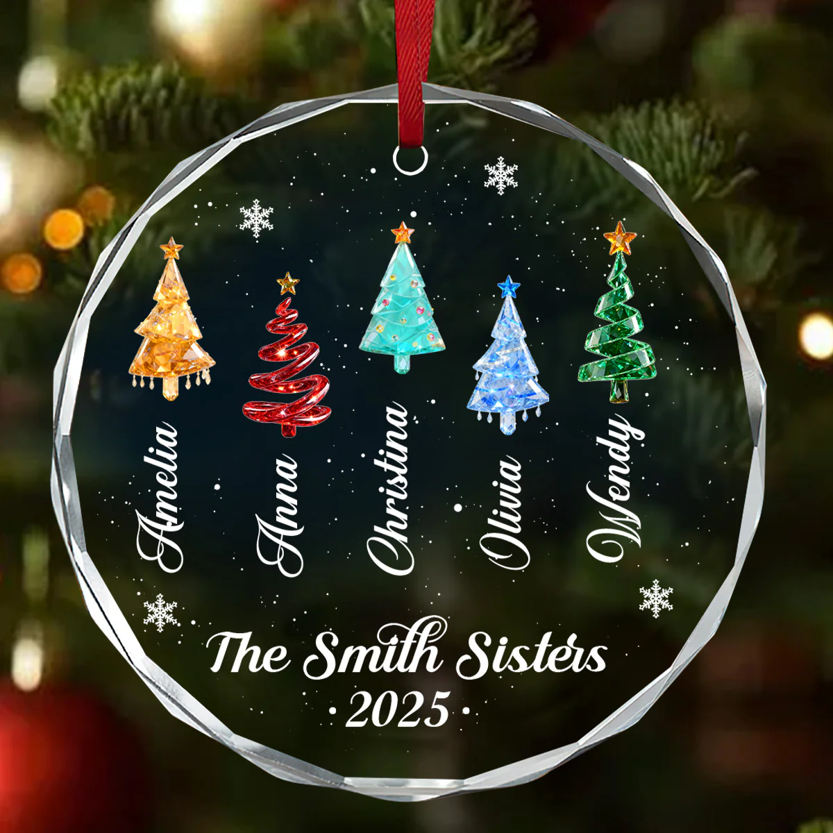 Crystal Family Friends Coworkers Christmas Trees - Personalized Round Shaped Glass Ornament