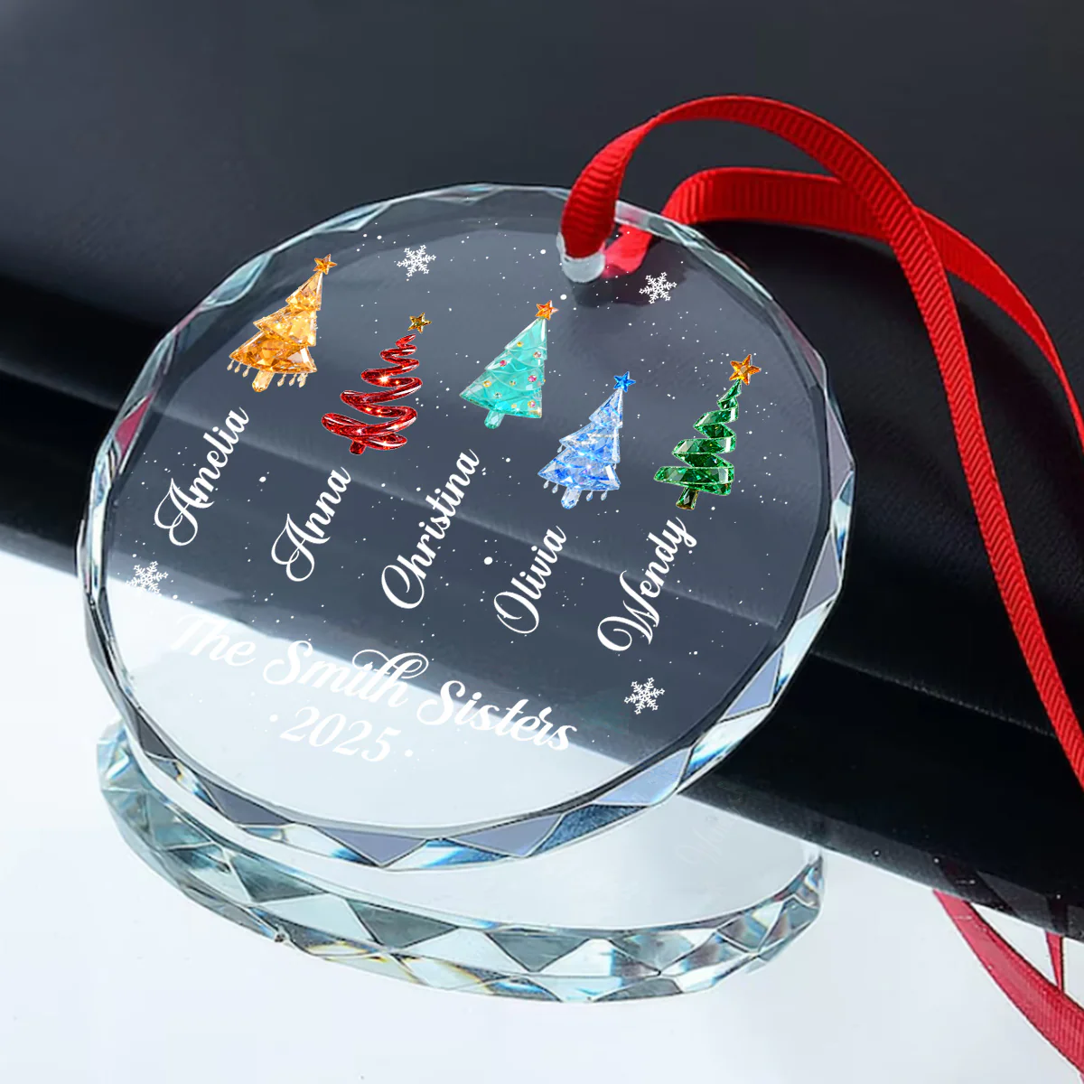 Crystal Family Friends Coworkers Christmas Trees - Personalized Round Shaped Glass Ornament - Image 2