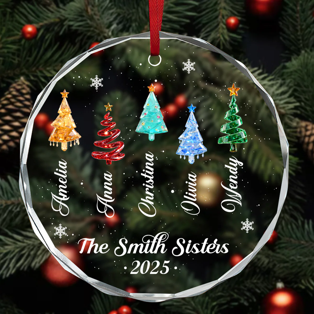 Crystal Family Friends Coworkers Christmas Trees - Personalized Round Shaped Glass Ornament - Image 3
