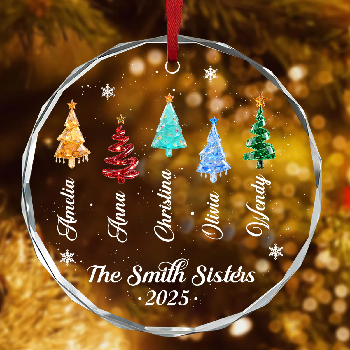 Crystal Family Friends Coworkers Christmas Trees - Personalized Round Shaped Glass Ornament - Image 4