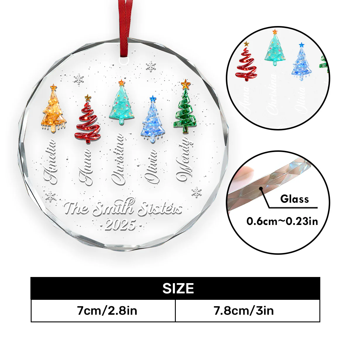 Crystal Family Friends Coworkers Christmas Trees - Personalized Round Shaped Glass Ornament - Image 5