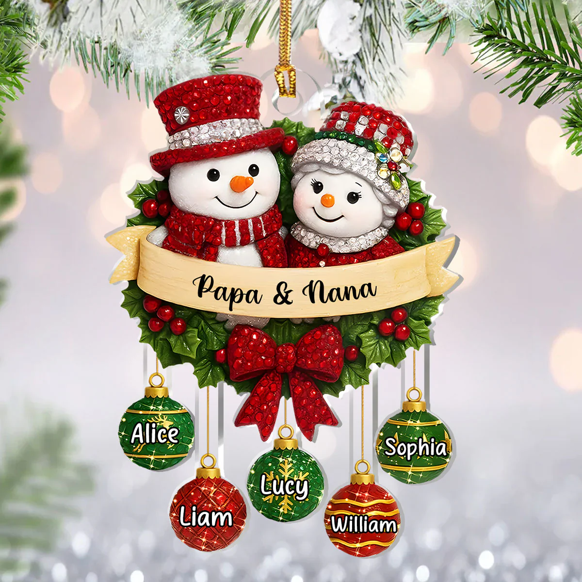 Crystal Snowman Grandparents - Personalized 1-Layer Acrylic Ornament