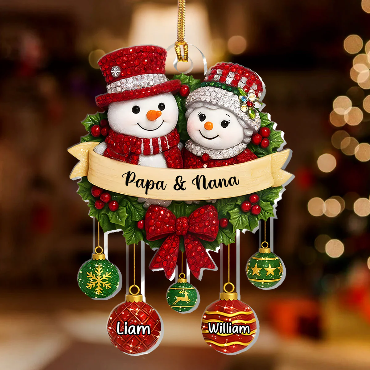 Crystal Snowman Grandparents - Personalized 1-Layer Acrylic Ornament - Image 2