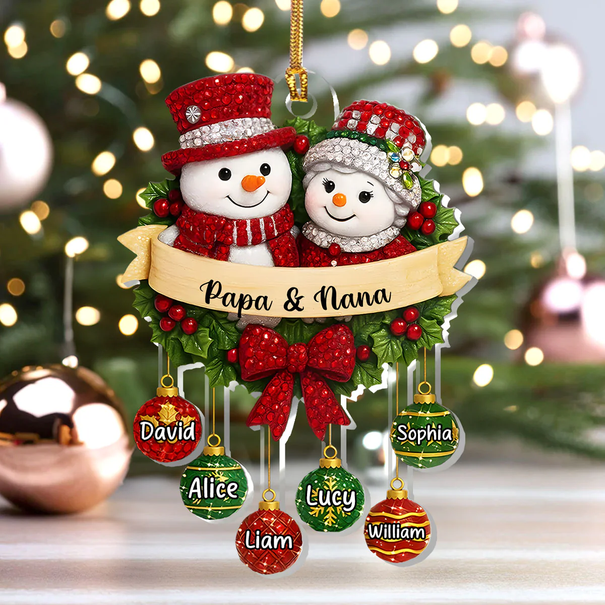 Crystal Snowman Grandparents - Personalized 1-Layer Acrylic Ornament - Image 4