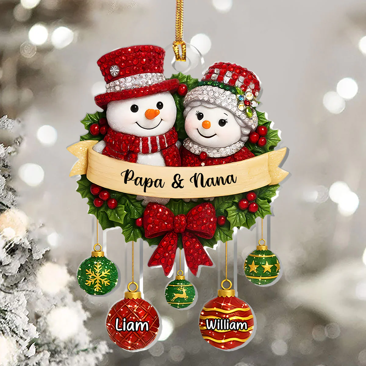 Crystal Snowman Grandparents - Personalized 1-Layer Acrylic Ornament - Image 5
