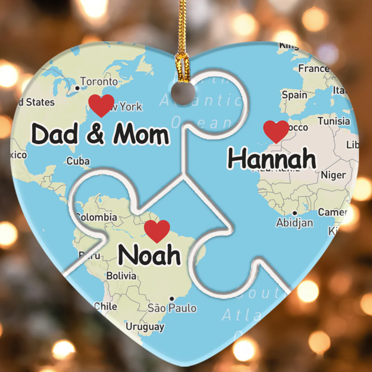 Custom Location Family Love Knows No Distance - Personalized Heart Shaped Ceramic Ornament - Image 3