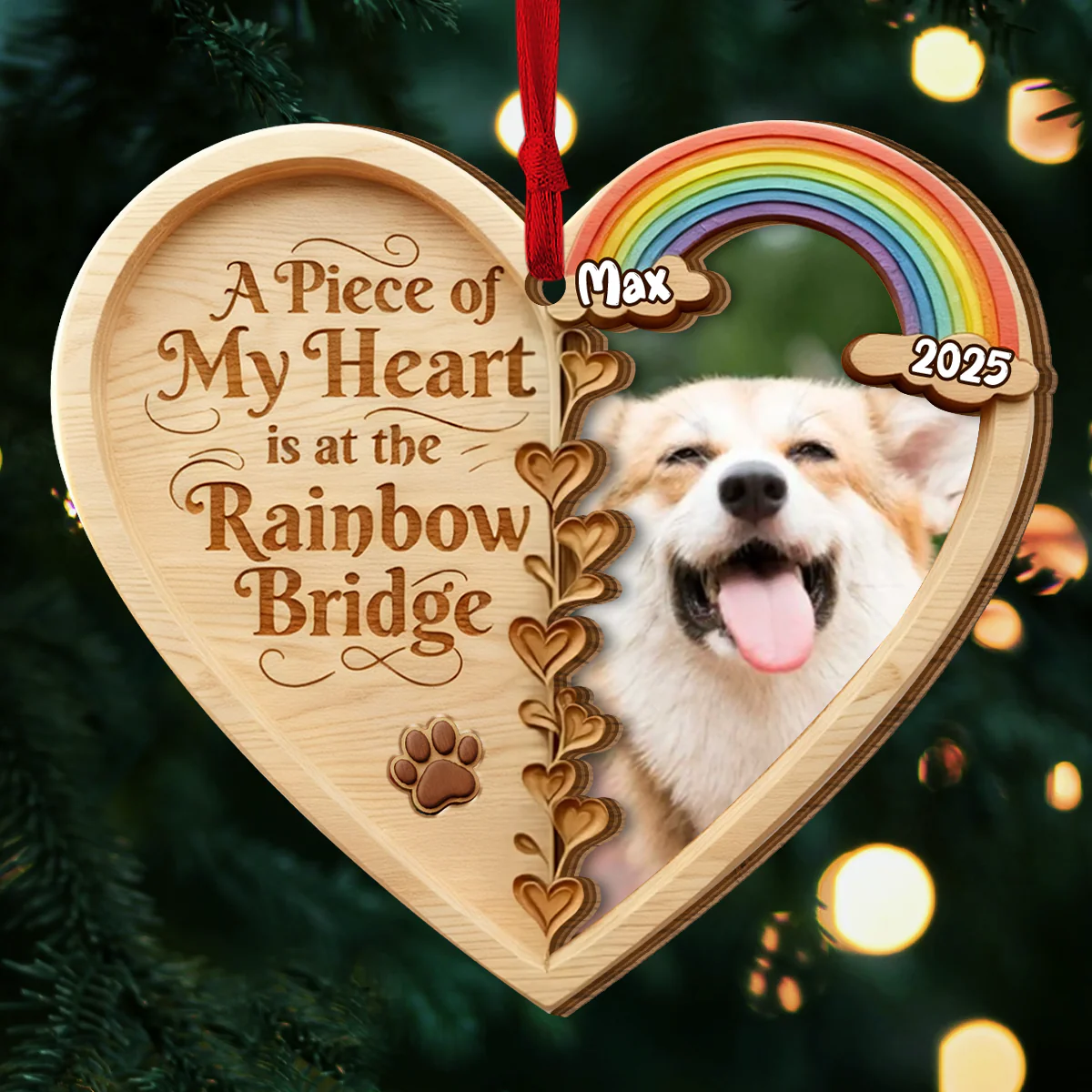 Custom Photo A Piece Of My Heart Is At The Rainbow Bridge - Personalized 2-Layered Wooden Ornament