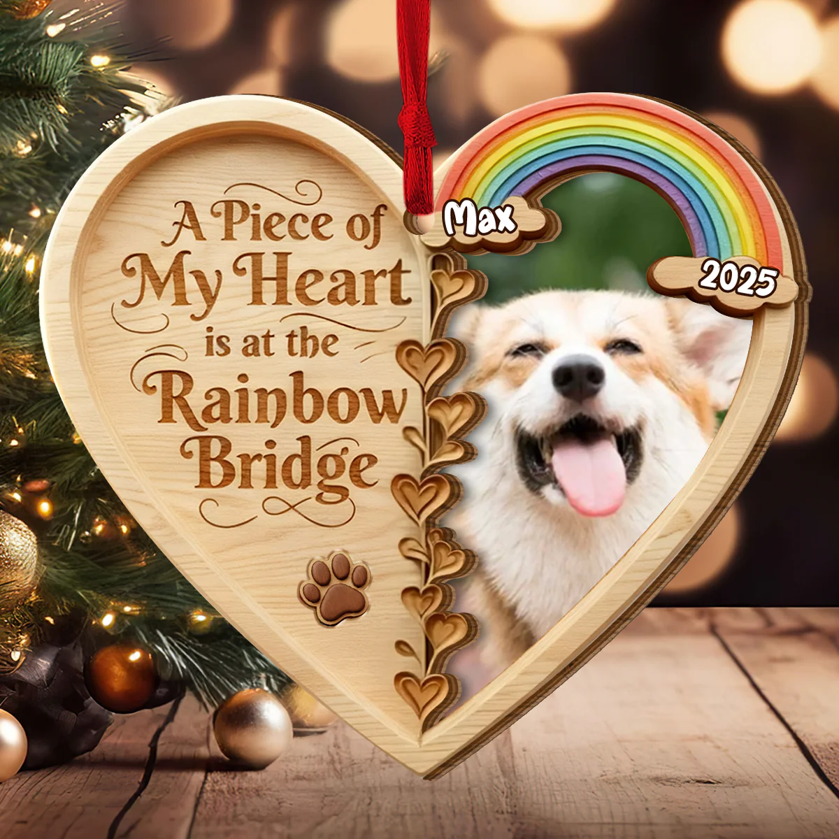 Custom Photo A Piece Of My Heart Is At The Rainbow Bridge - Personalized 2-Layered Wooden Ornament - Image 3