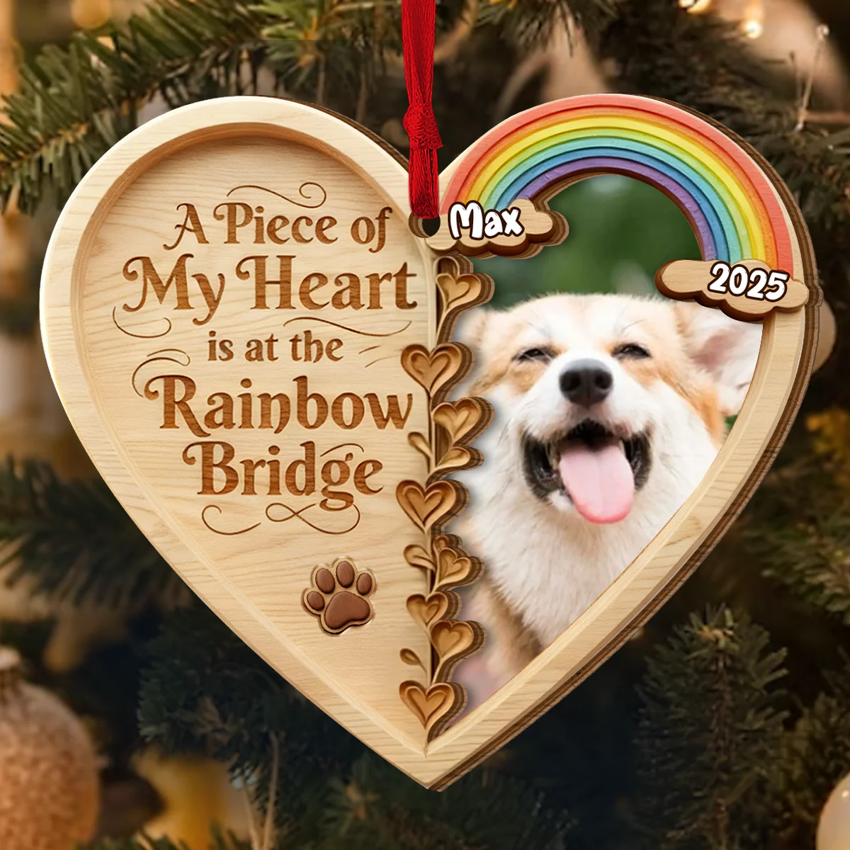 Custom Photo A Piece Of My Heart Is At The Rainbow Bridge - Personalized 2-Layered Wooden Ornament - Image 4