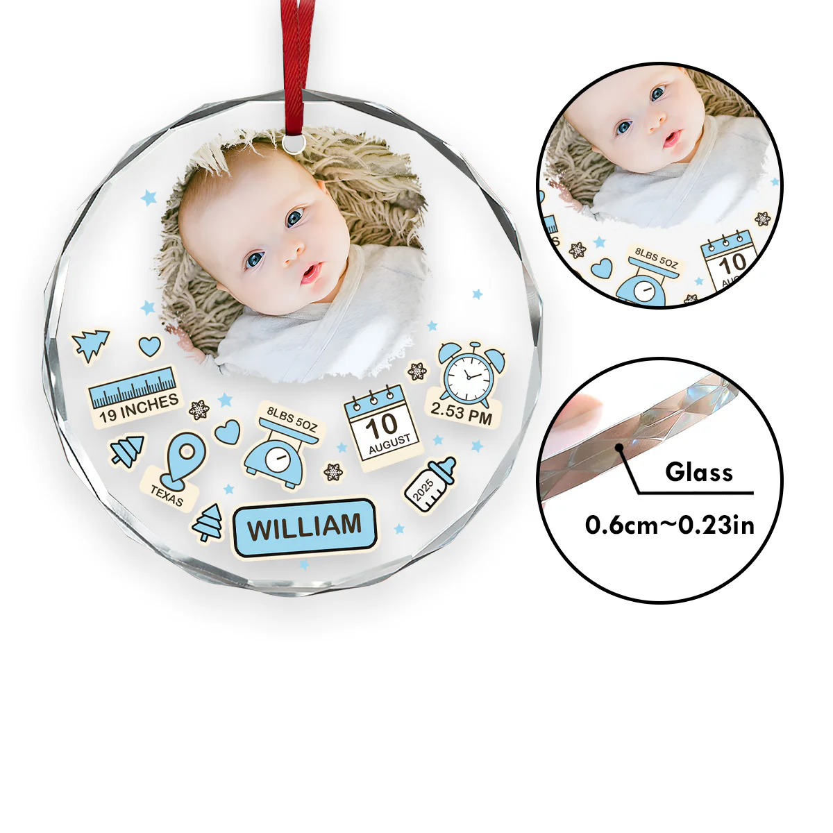 Custom Photo Baby First Christmas - Personalized Round Shaped Glass Ornament - Image 5