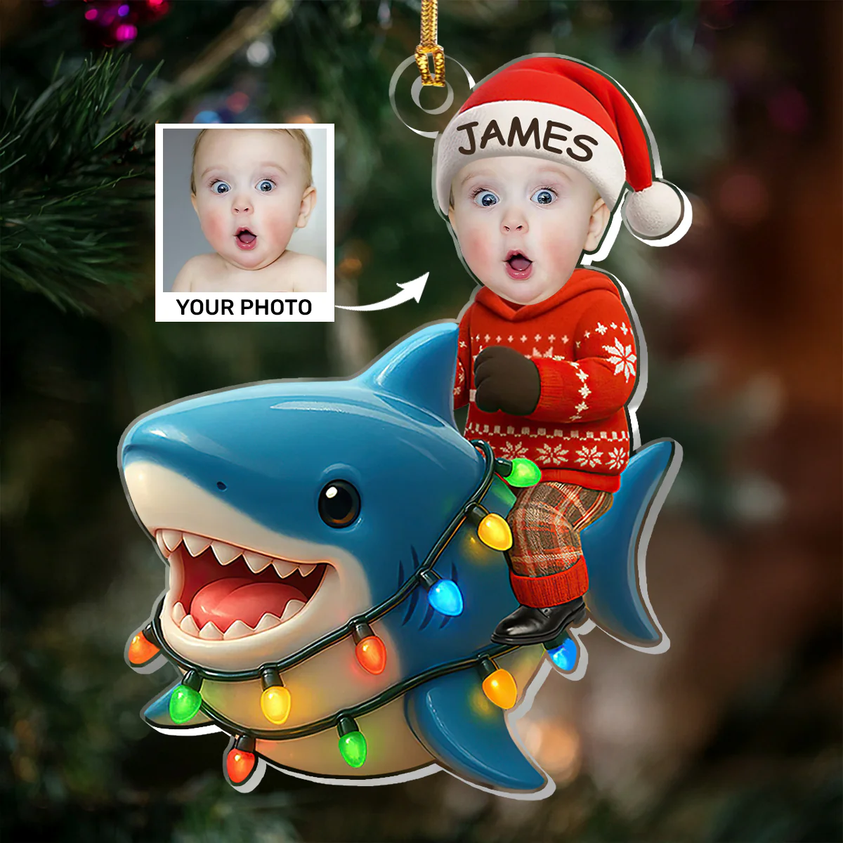 Custom Photo Baby With Cute Shark - Personalized 1-Layer Acrylic Ornament