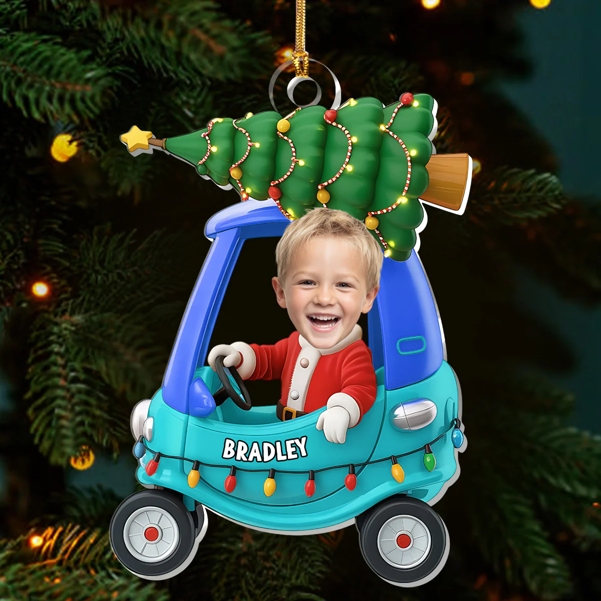 Custom Photo Christmas Kid In Car - Personalized 1-Layer Acrylic Ornament - Image 3