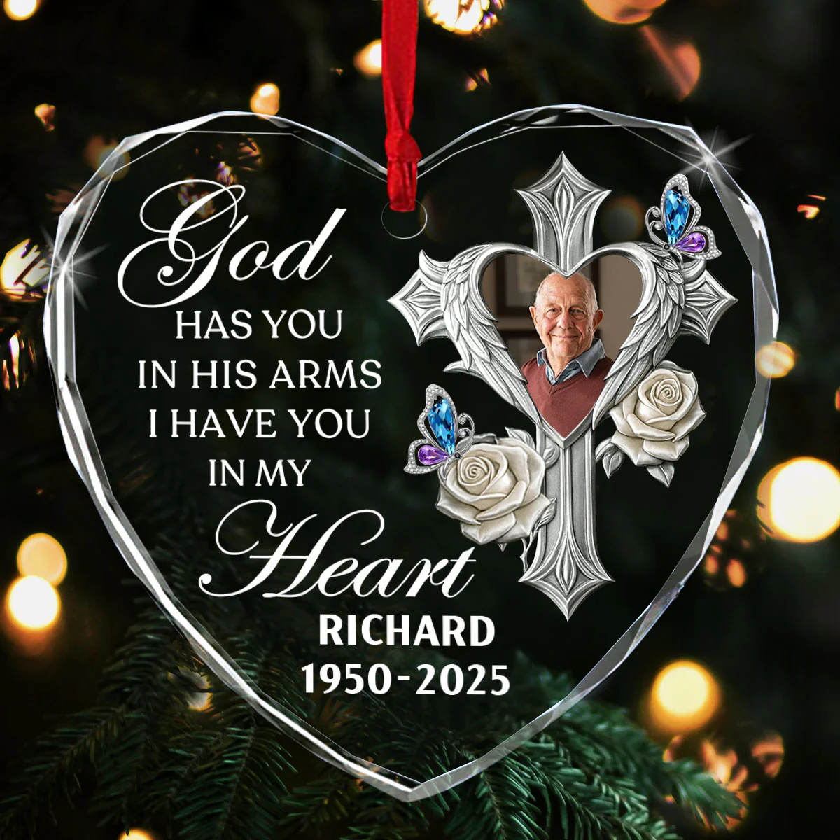 Custom Photo God Has You In His Arms Memorial - Personalized Heart Shaped Glass Ornament