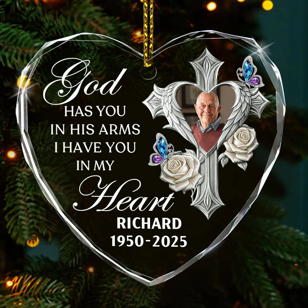 Custom Photo God Has You In His Arms Memorial - Personalized Heart Shaped Glass Ornament - Image 2