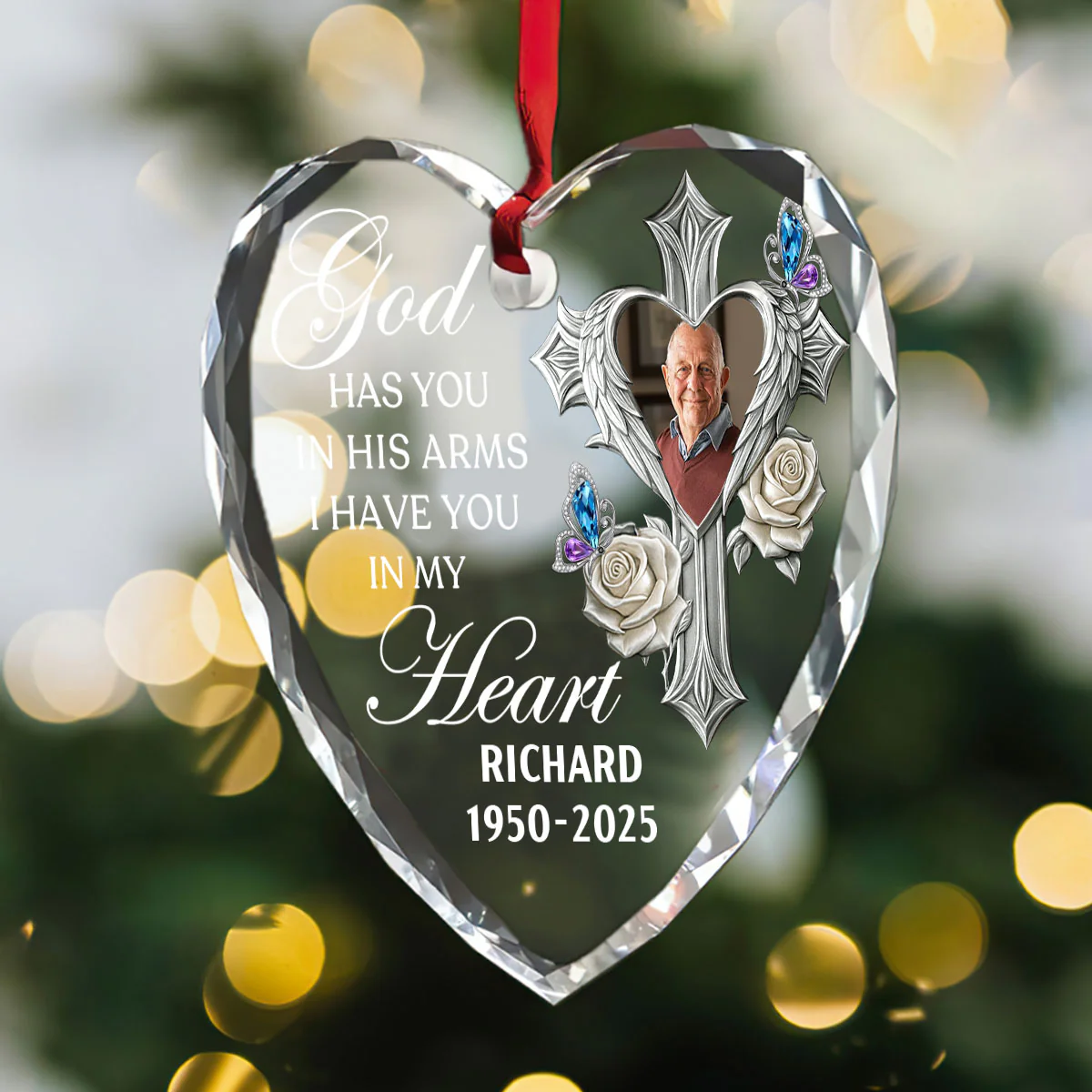 Custom Photo God Has You In His Arms Memorial - Personalized Heart Shaped Glass Ornament - Image 3