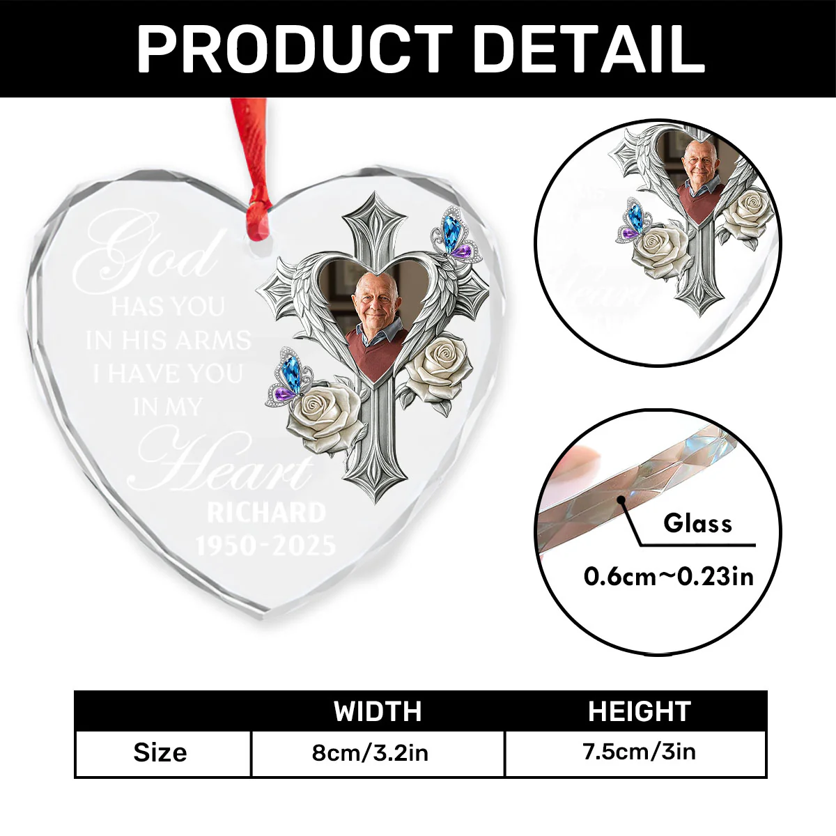 Custom Photo God Has You In His Arms Memorial - Personalized Heart Shaped Glass Ornament - Image 4