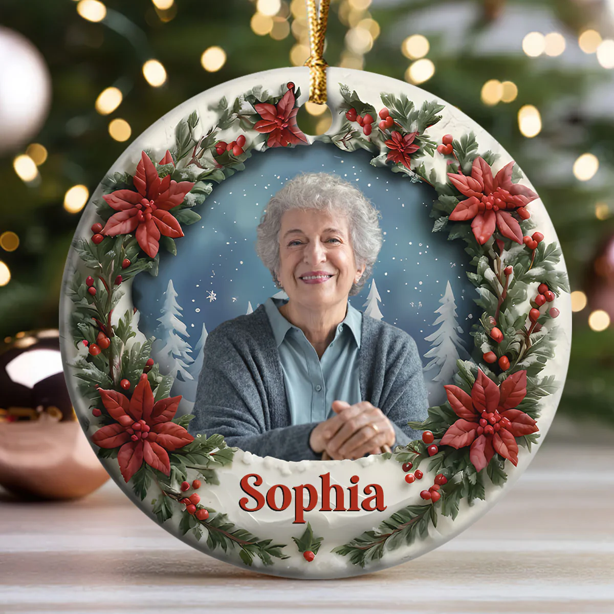 Photo Memory Christmas - Personalized Round Shaped Ceramic Ornament - Image 3