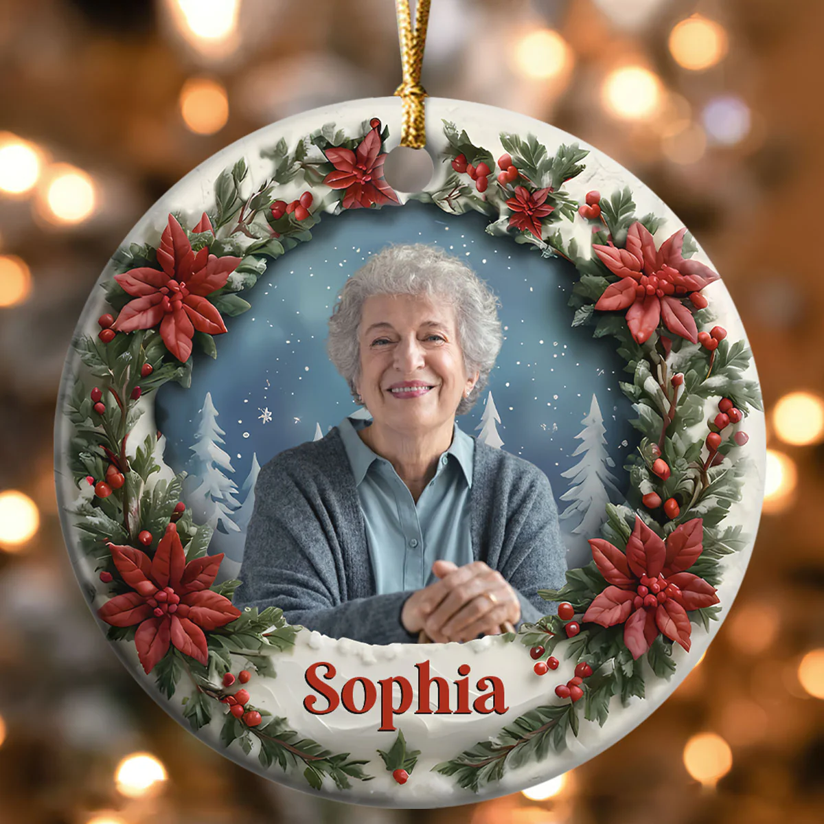 Photo Memory Christmas - Personalized Round Shaped Ceramic Ornament - Image 4