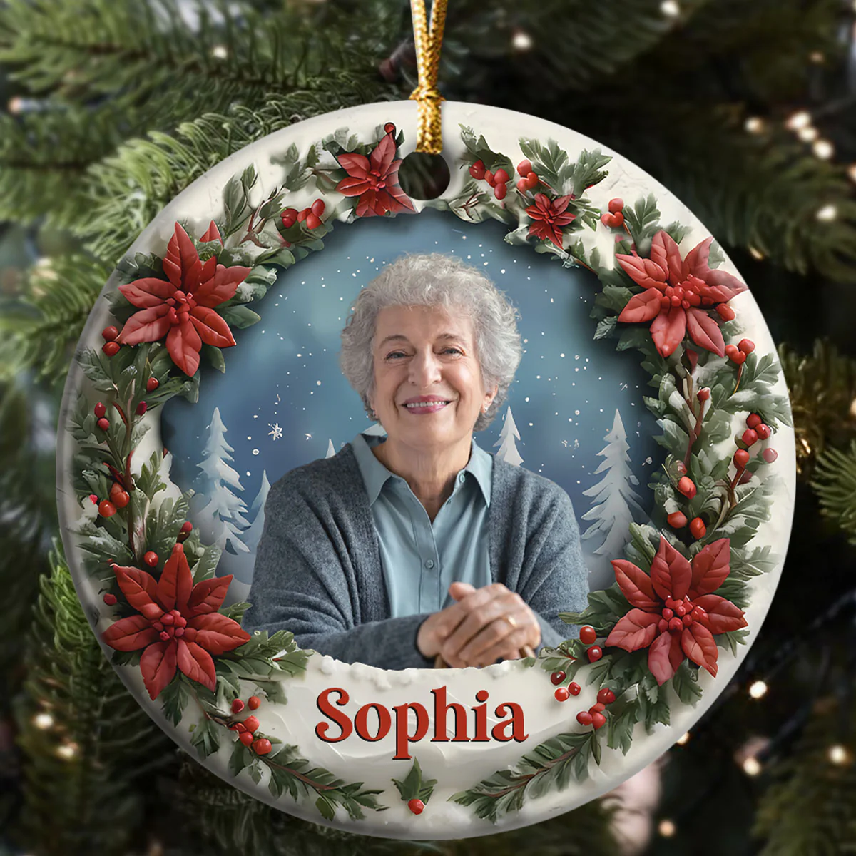 Photo Memory Christmas - Personalized Round Shaped Ceramic Ornament - Image 5