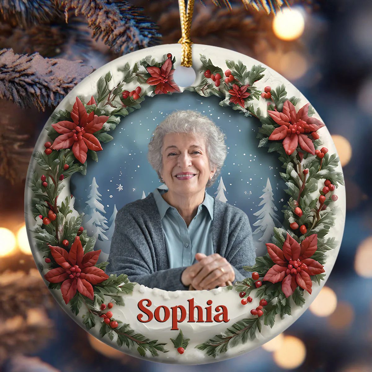 Photo Memory Christmas - Personalized Round Shaped Ceramic Ornament - Image 6