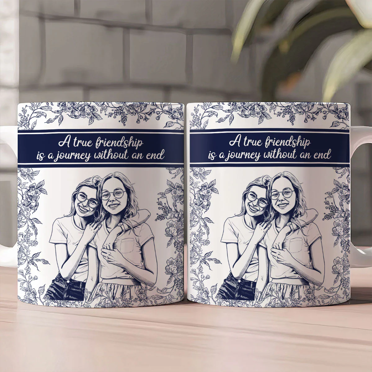 Custom Photo Pencil Sketch A True Friendship Is A Journey Without An End - Personalized Ceramic Coffee Mug - Image 2