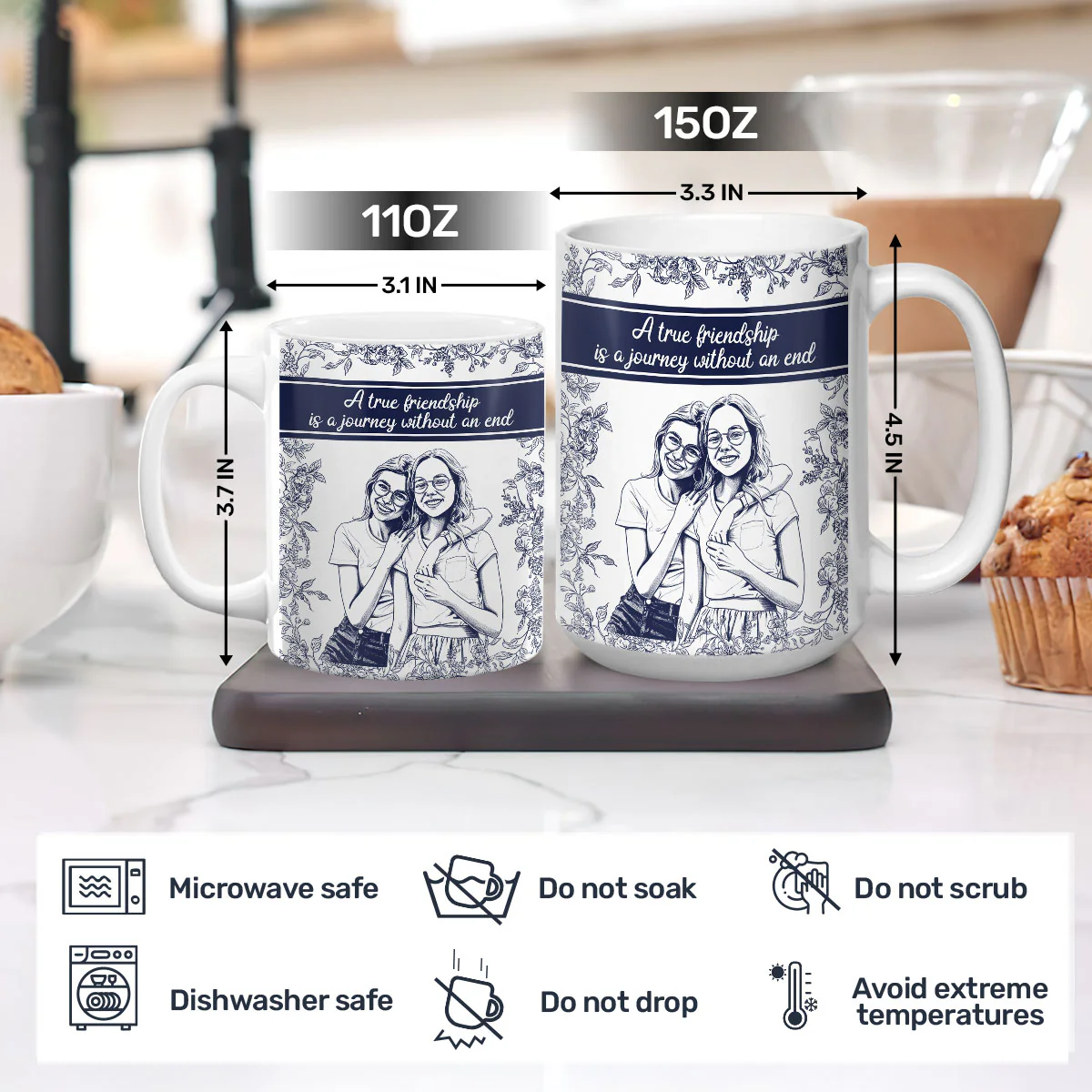 Custom Photo Pencil Sketch A True Friendship Is A Journey Without An End - Personalized Ceramic Coffee Mug - Image 5