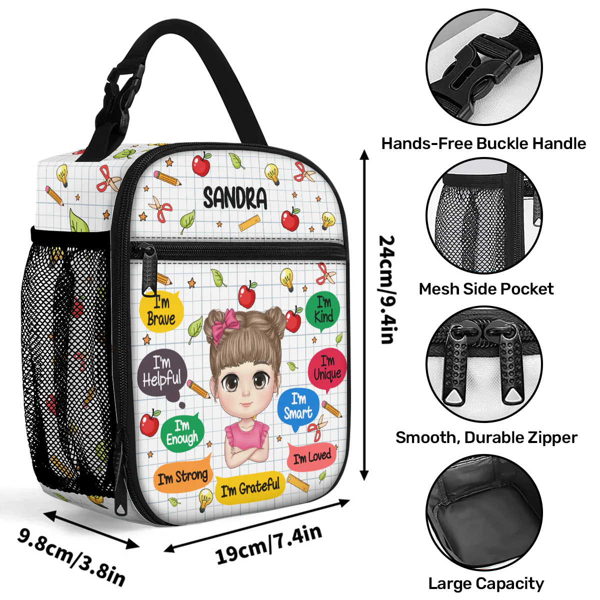 Cute Back To School Kid Affirmations - Personalized Lunch Bag - Image 7