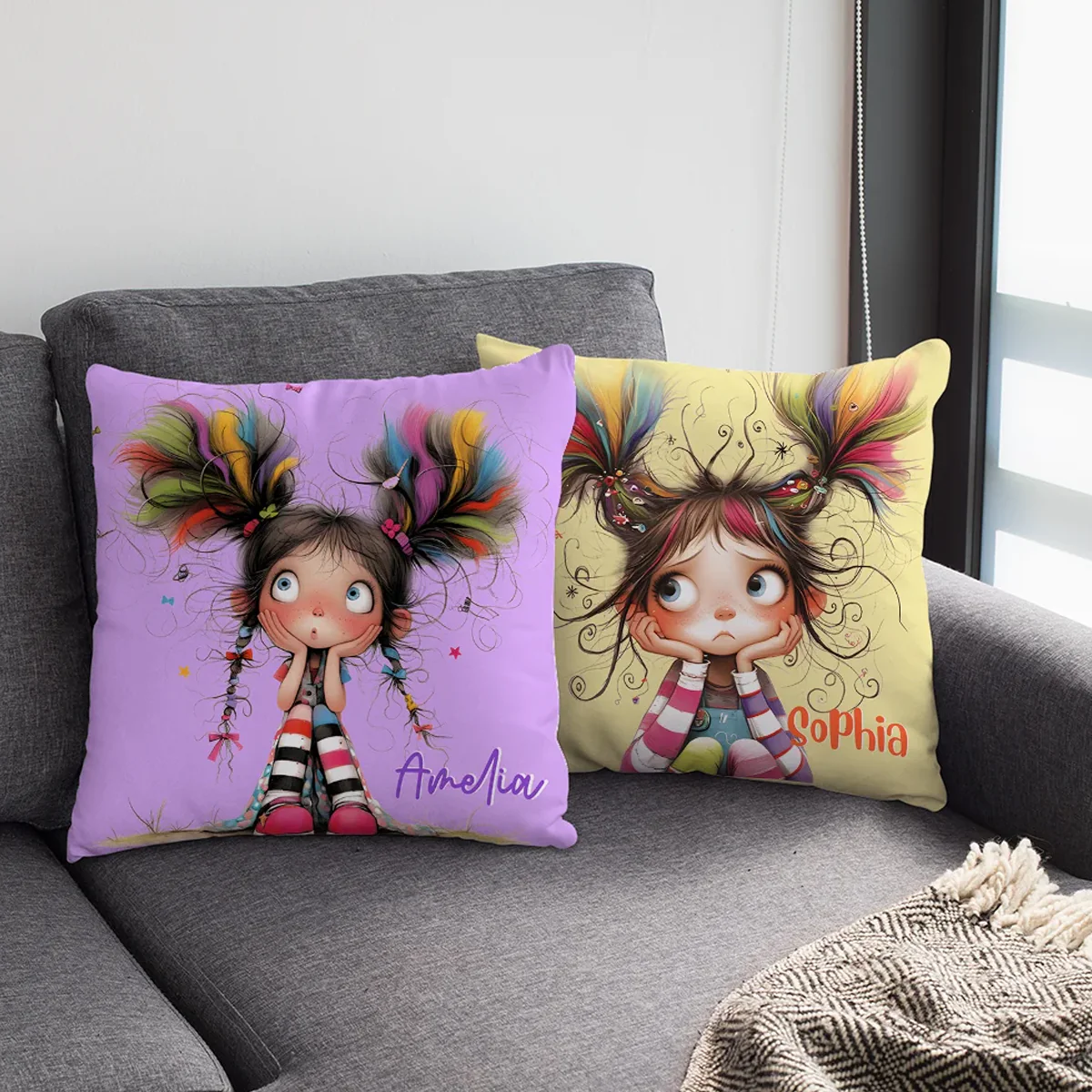 Cute Cartoon Quirky Girl Throw - Personalized Crystal Velvet Pillow - Image 2