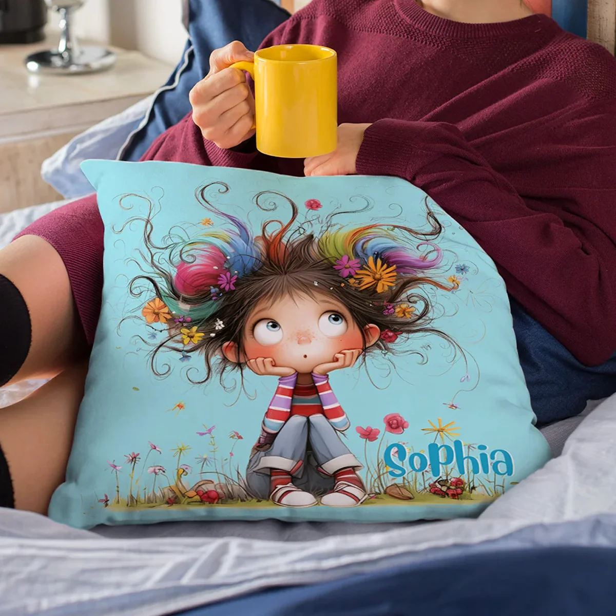 Cute Cartoon Quirky Girl Throw - Personalized Crystal Velvet Pillow - Image 4