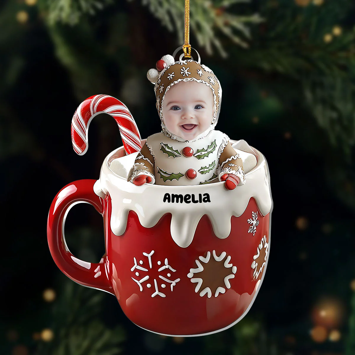 Cute Gingerbread Baby In Christmas Chocolate - Personalized 1-Layer Acrylic Ornament - Image 2