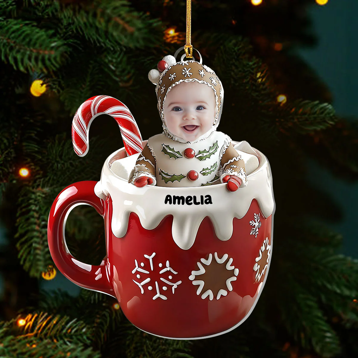 Cute Gingerbread Baby In Christmas Chocolate - Personalized 1-Layer Acrylic Ornament - Image 3