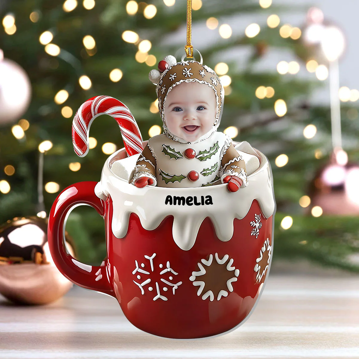 Cute Gingerbread Baby In Christmas Chocolate - Personalized 1-Layer Acrylic Ornament - Image 4