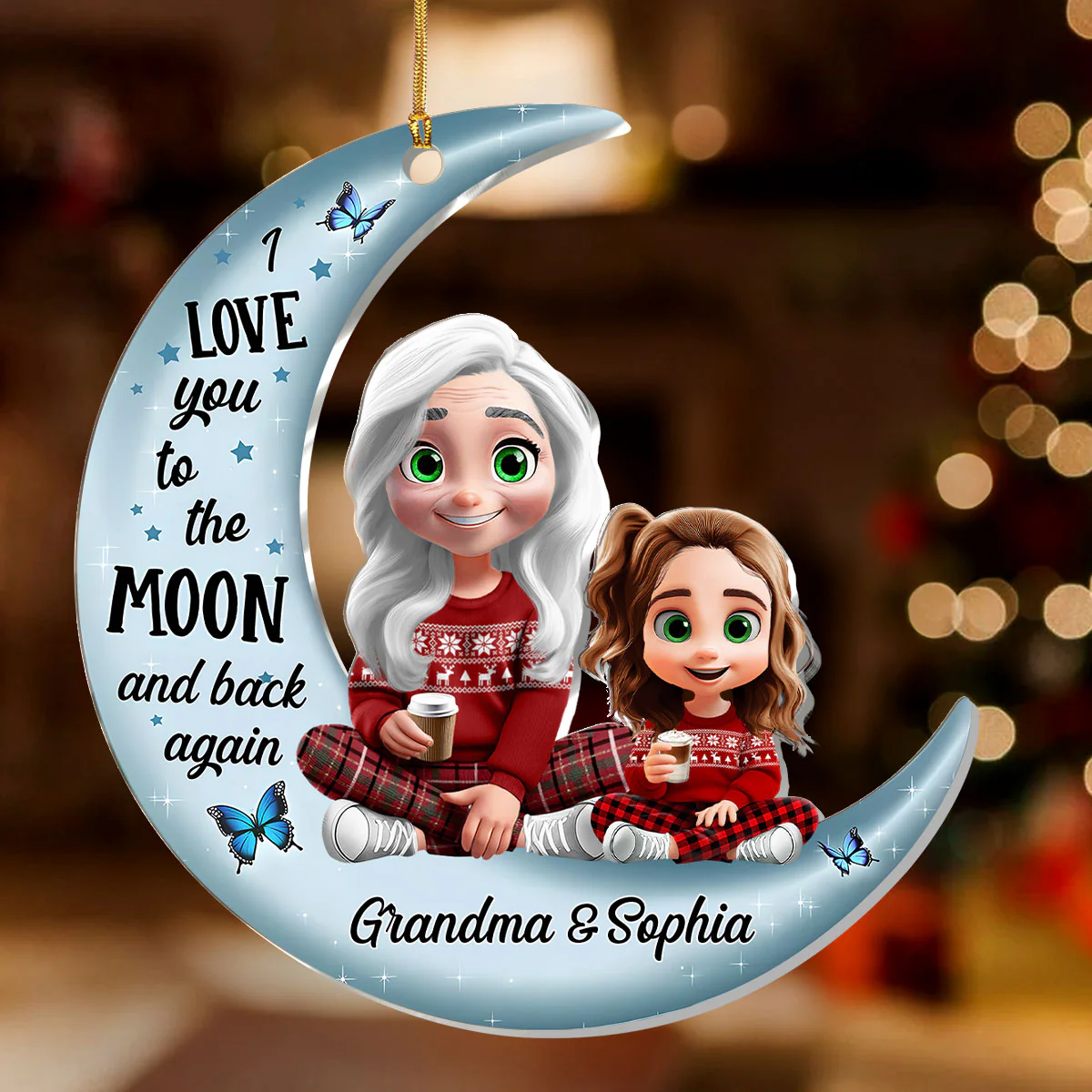 Cute Grandma & Grandkid On Moon - Personalized 1-Layer Acrylic Ornament - Image 2