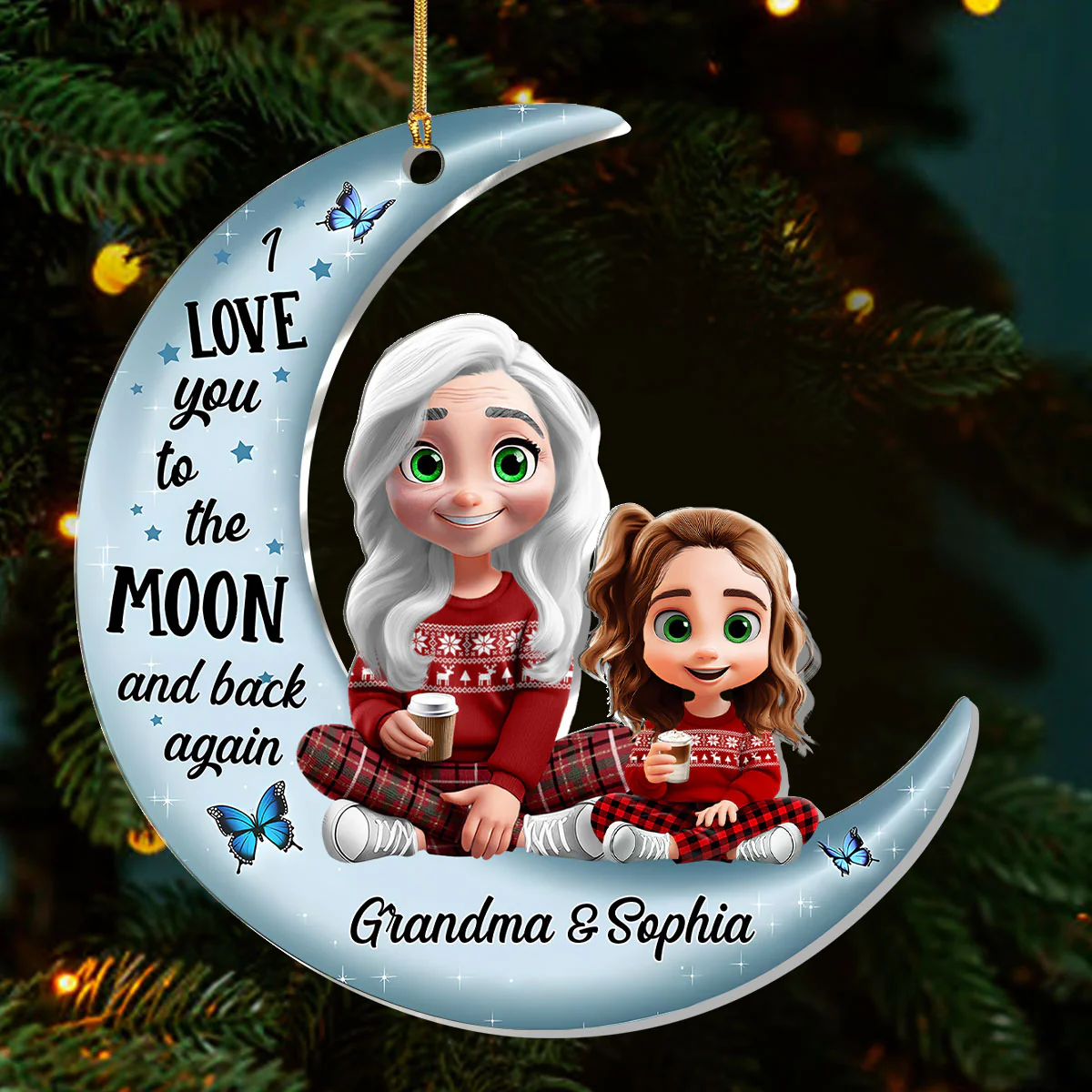 Cute Grandma & Grandkid On Moon - Personalized 1-Layer Acrylic Ornament - Image 3