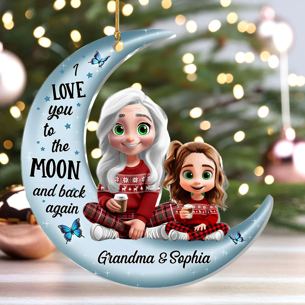 Cute Grandma & Grandkid On Moon - Personalized 1-Layer Acrylic Ornament - Image 4