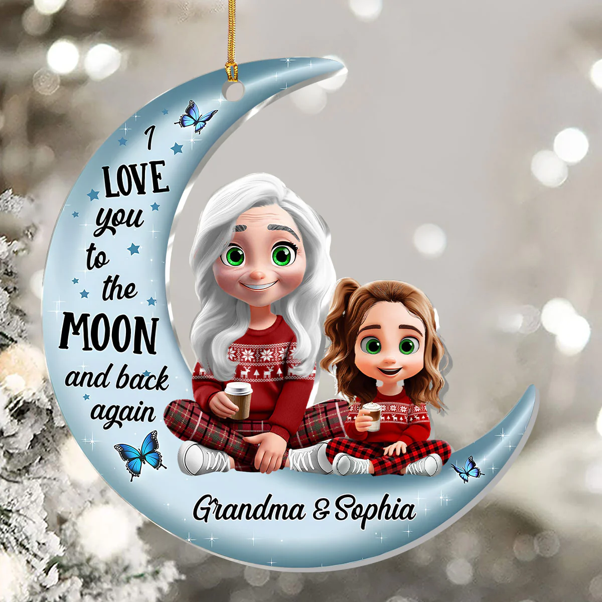 Cute Grandma & Grandkid On Moon - Personalized 1-Layer Acrylic Ornament - Image 5