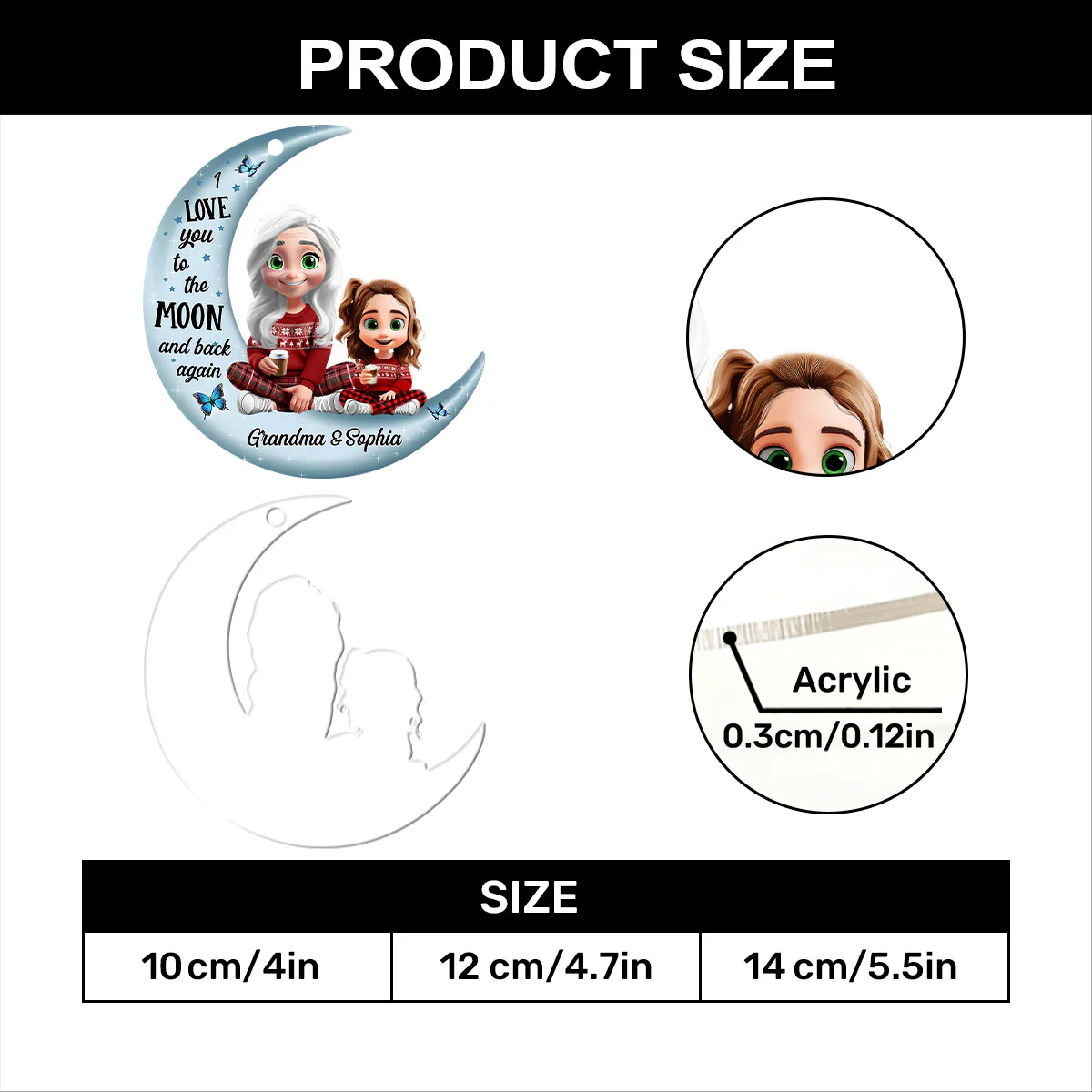 Cute Grandma & Grandkid On Moon - Personalized 1-Layer Acrylic Ornament - Image 7