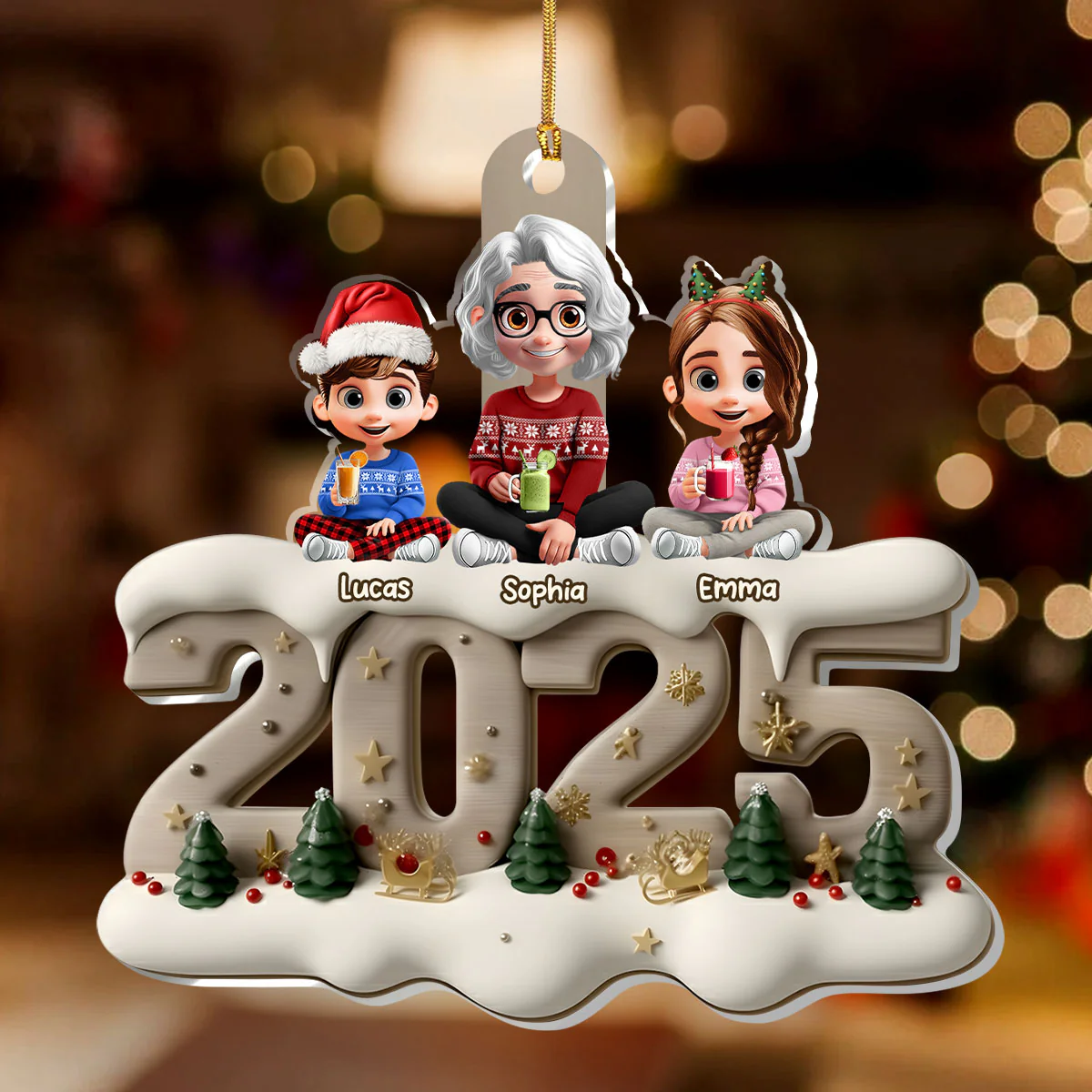 Cute Grandma & Grandkids - Personalized 1-Layer Acrylic Ornament - Image 2