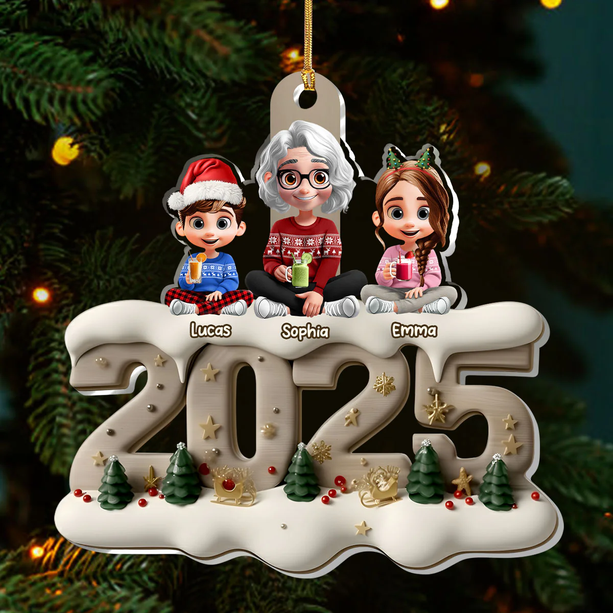 Cute Grandma & Grandkids - Personalized 1-Layer Acrylic Ornament - Image 3