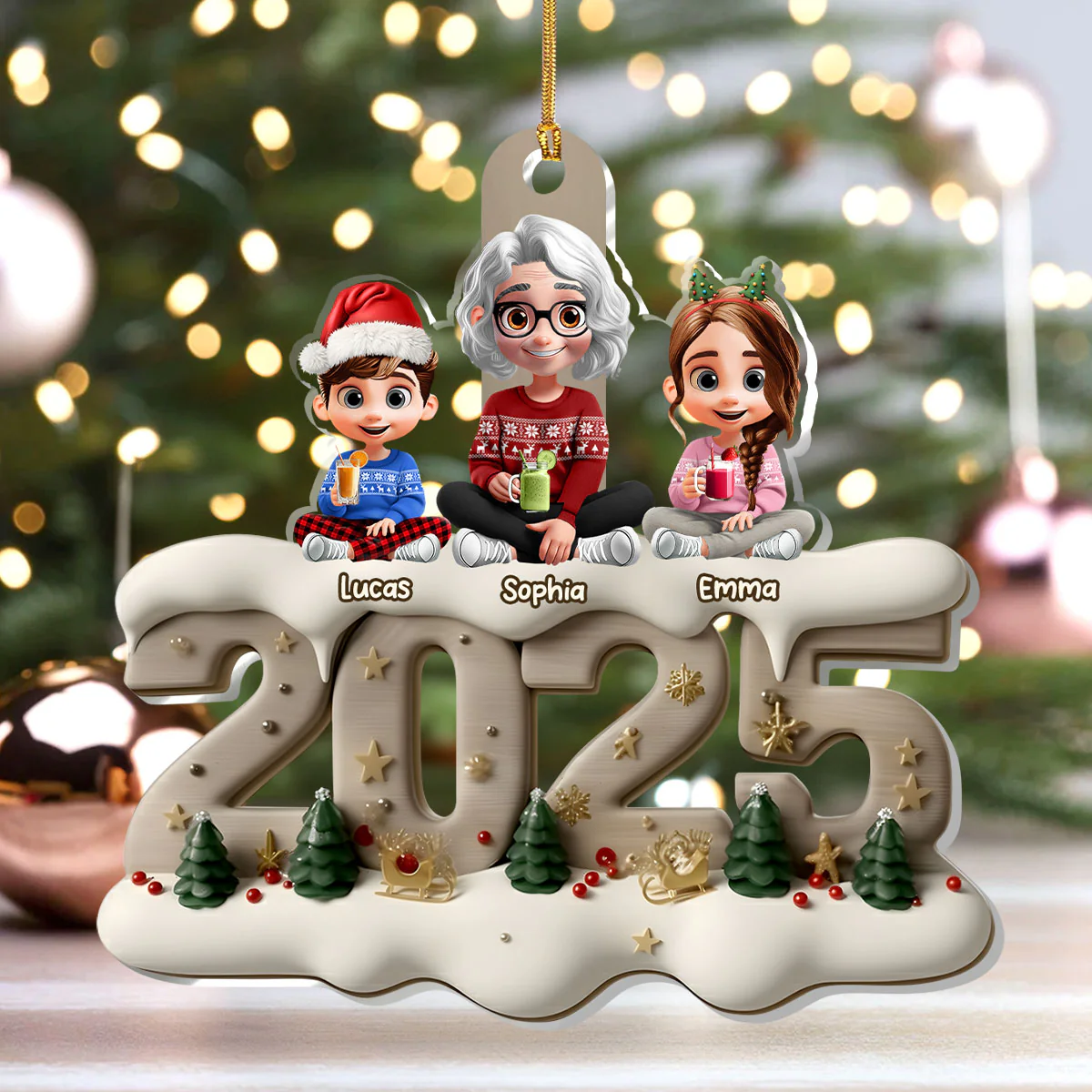 Cute Grandma & Grandkids - Personalized 1-Layer Acrylic Ornament - Image 4