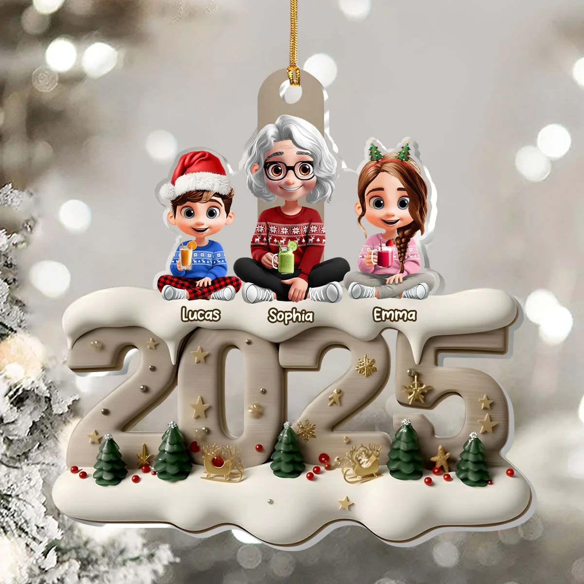 Cute Grandma & Grandkids - Personalized 1-Layer Acrylic Ornament - Image 5