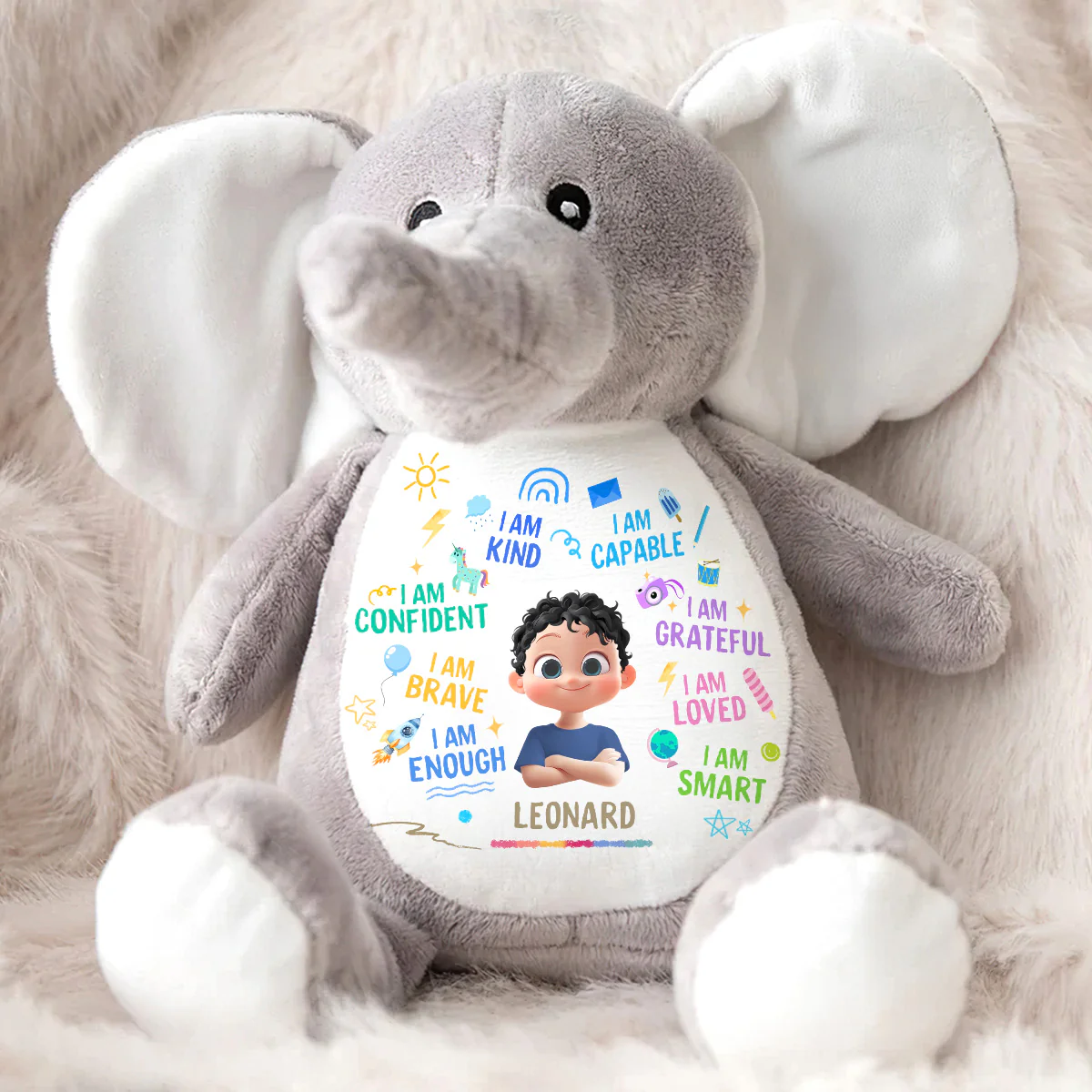 Cute Kid Affirmations - Personalized Stuffed Elephant - Image 2