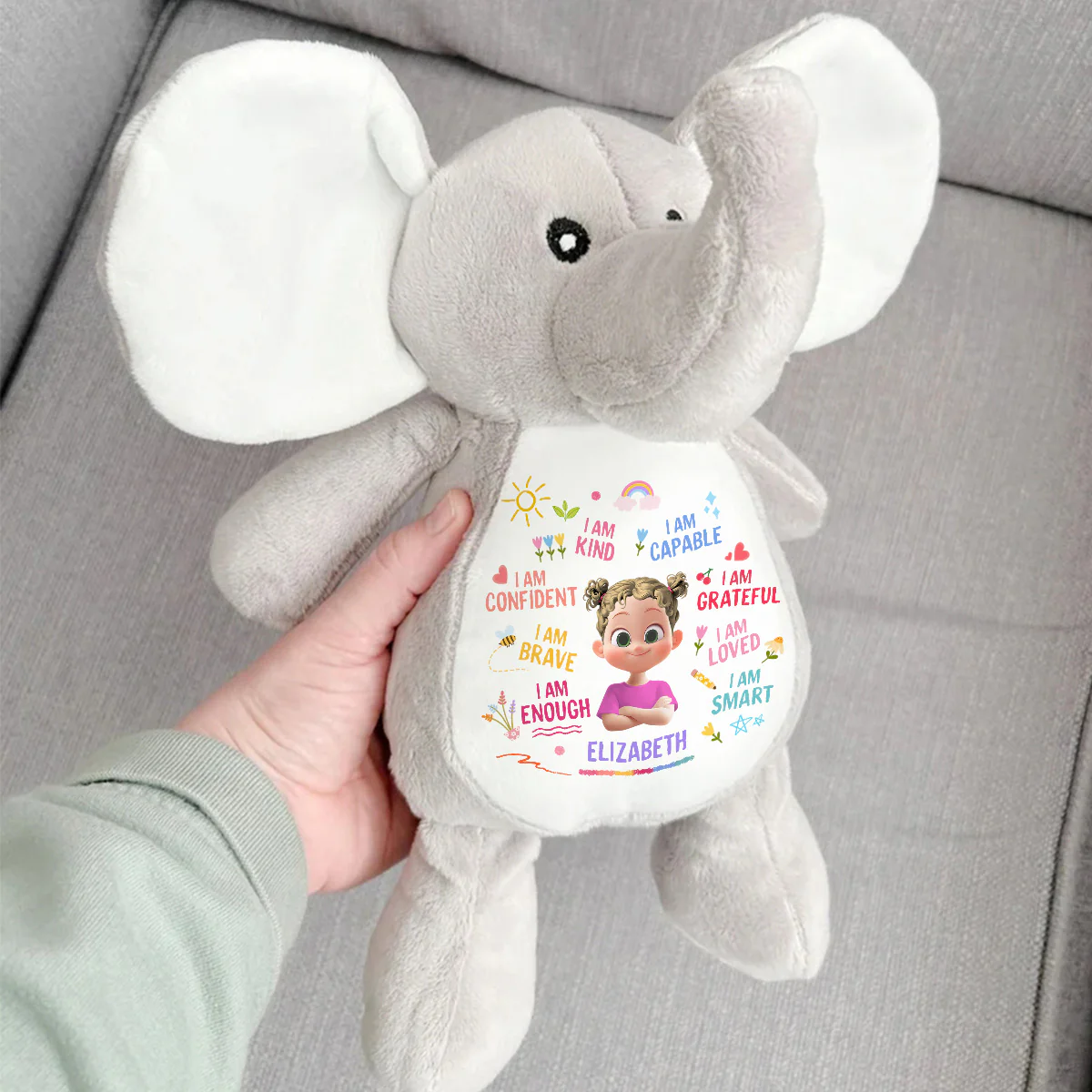 Cute Kid Affirmations - Personalized Stuffed Elephant - Image 3