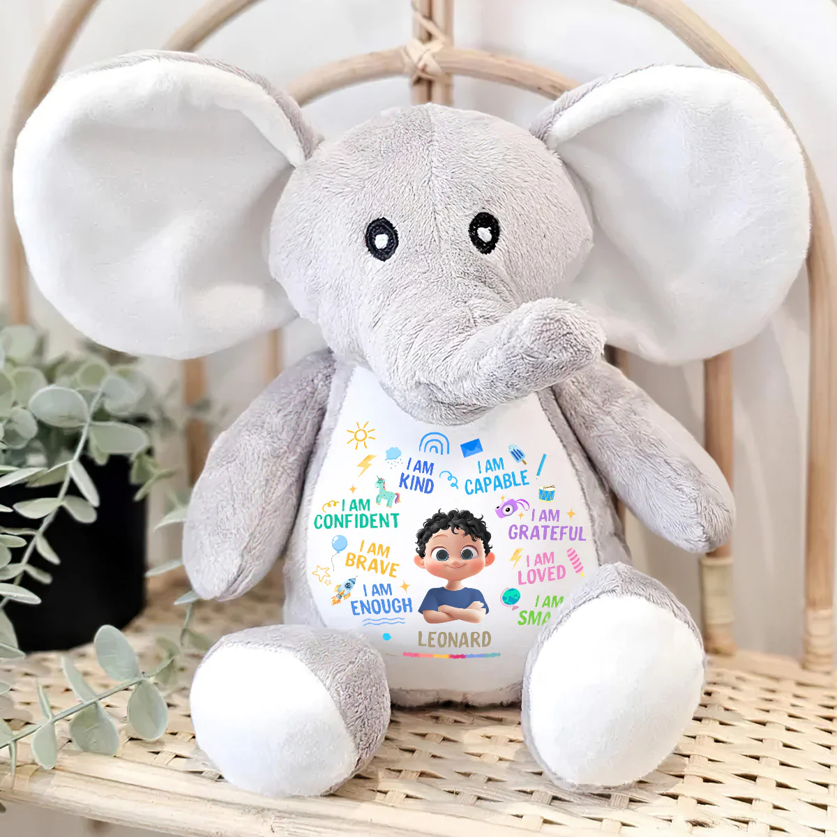 Cute Kid Affirmations - Personalized Stuffed Elephant - Image 4