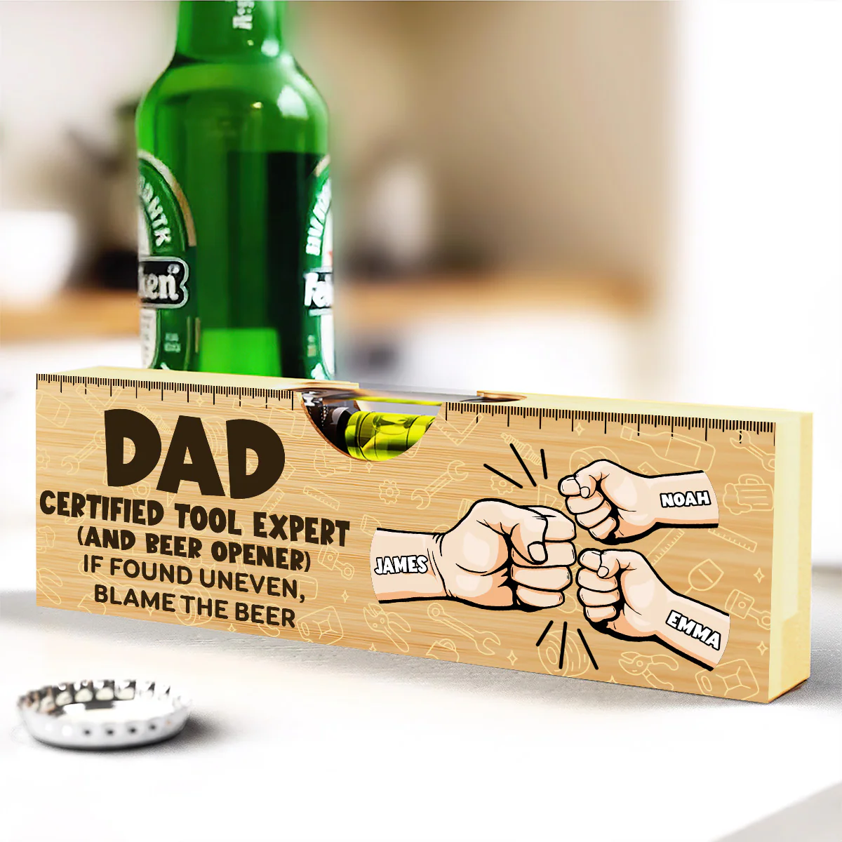 Dad Certified Tool Expert (And Beer Opener) - Personalized Wooden Spirit Level Bottle Opener - Image 2