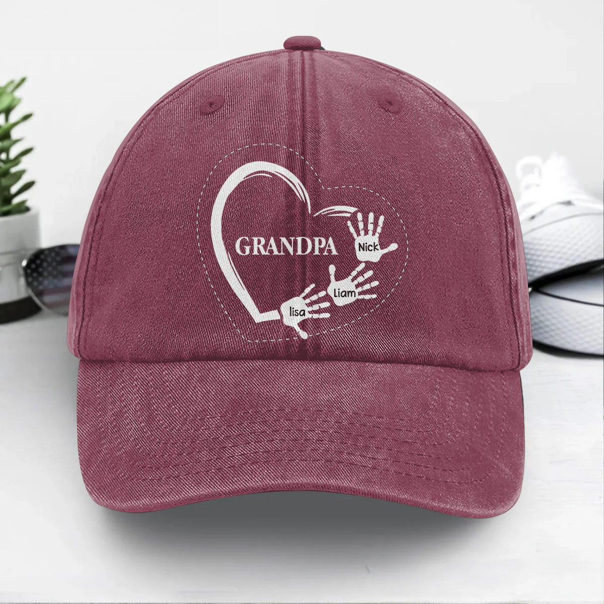 Dad/Grandpa And Kid Handprints - Personalized Vintage Washed Denim Cap - Image 5