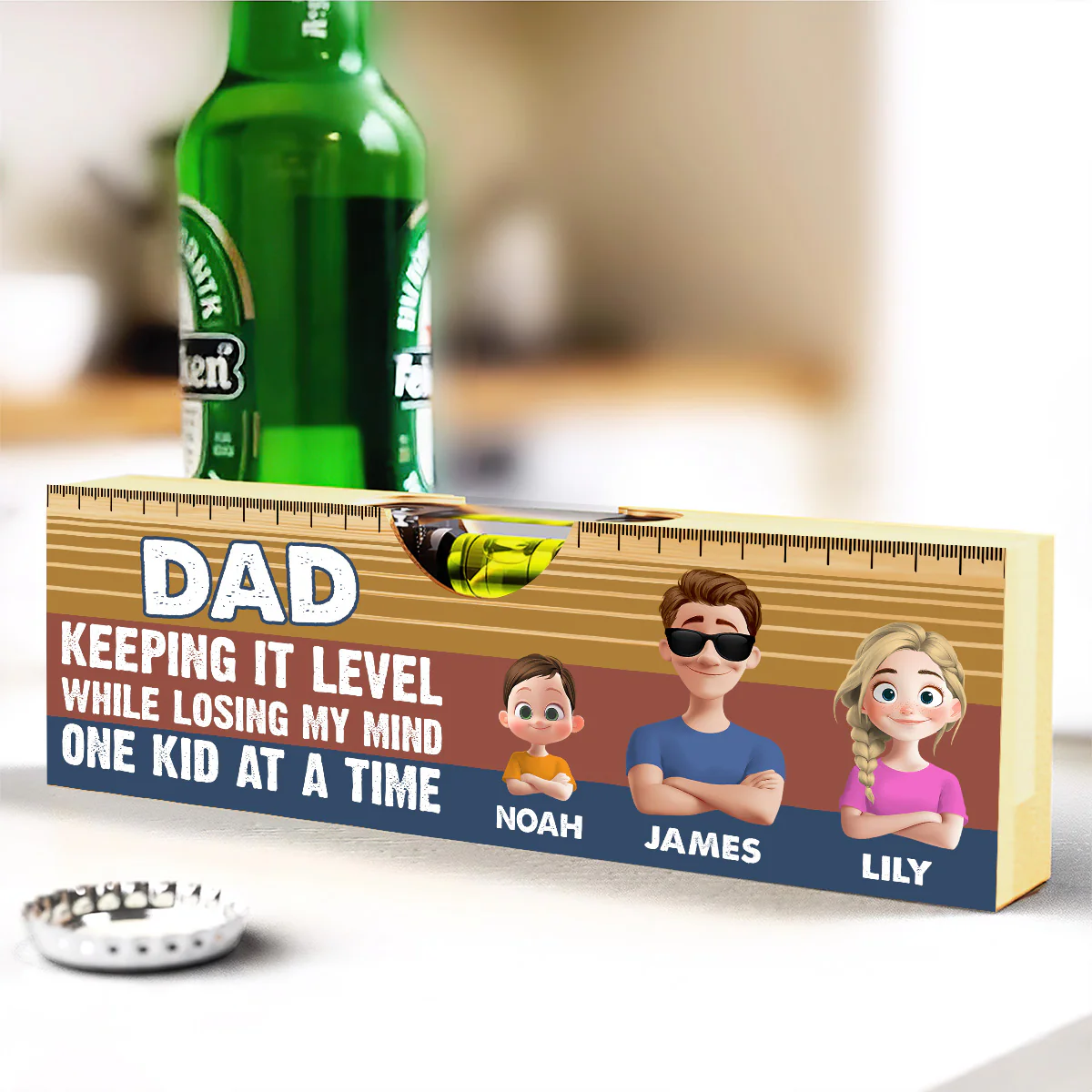 Dad Keeping It Level While Losing My Mind One Kid At A Time - Personalized Wooden Spirit Level Bottle Opener - Image 2