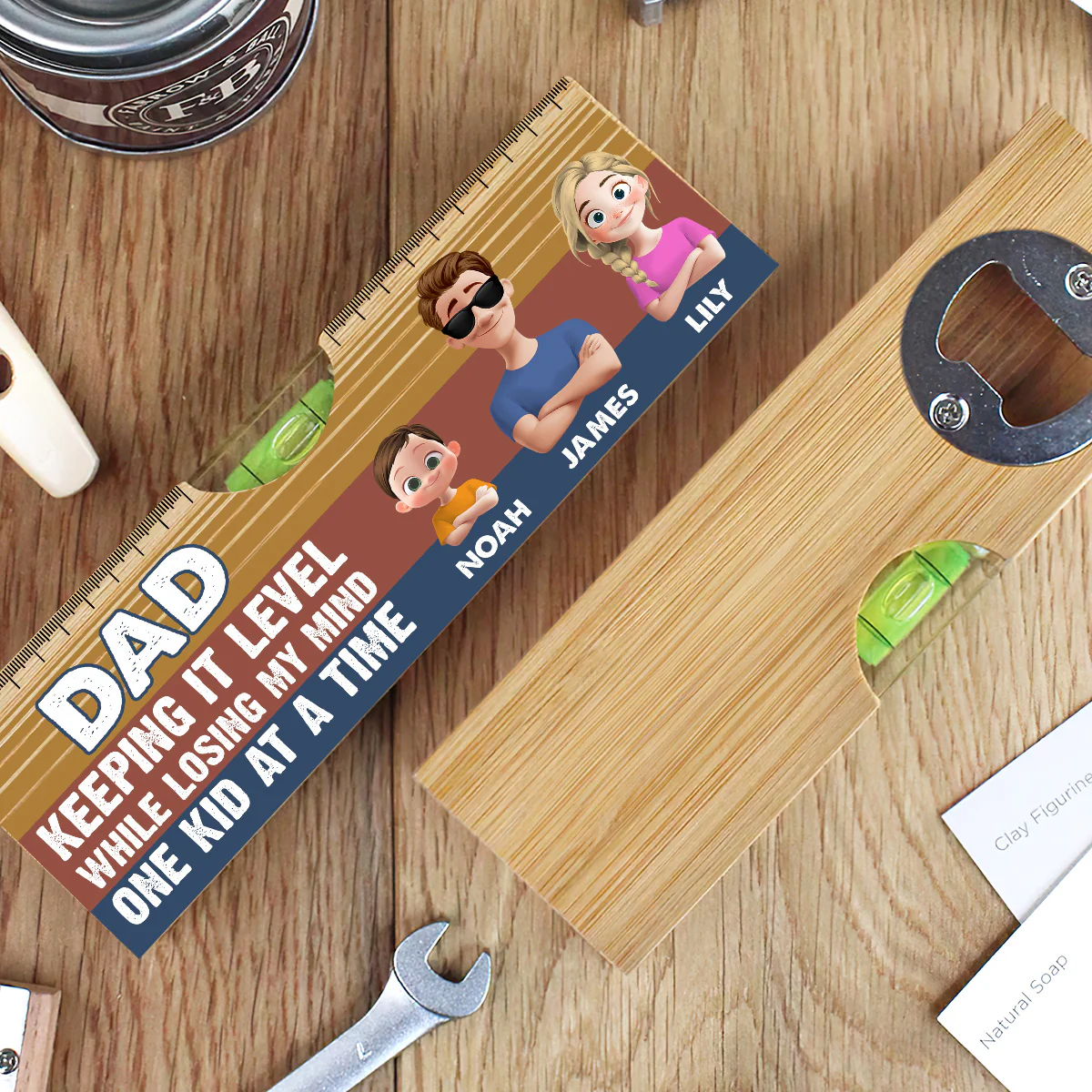 Dad Keeping It Level While Losing My Mind One Kid At A Time - Personalized Wooden Spirit Level Bottle Opener - Image 3