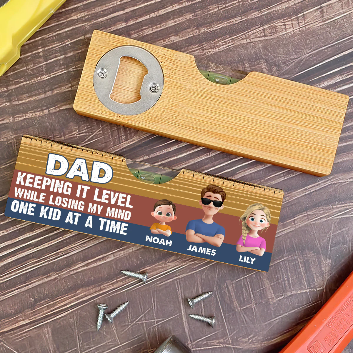 Dad Keeping It Level While Losing My Mind One Kid At A Time - Personalized Wooden Spirit Level Bottle Opener - Image 5