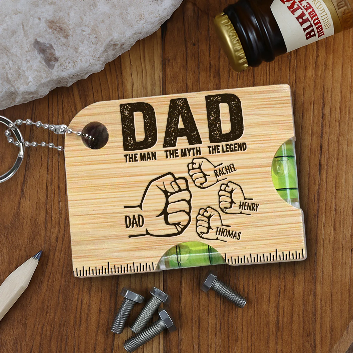 Dad The Man The Myth The Legend - Personalized Spirit Level Bottle Opener Keyring - Image 2
